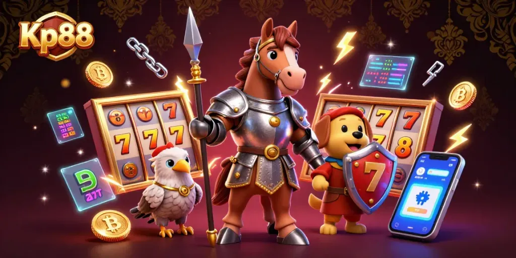 Kp88 knights and a squire puppy celebrate slots and crypto winnings with vibrant gaming elements.