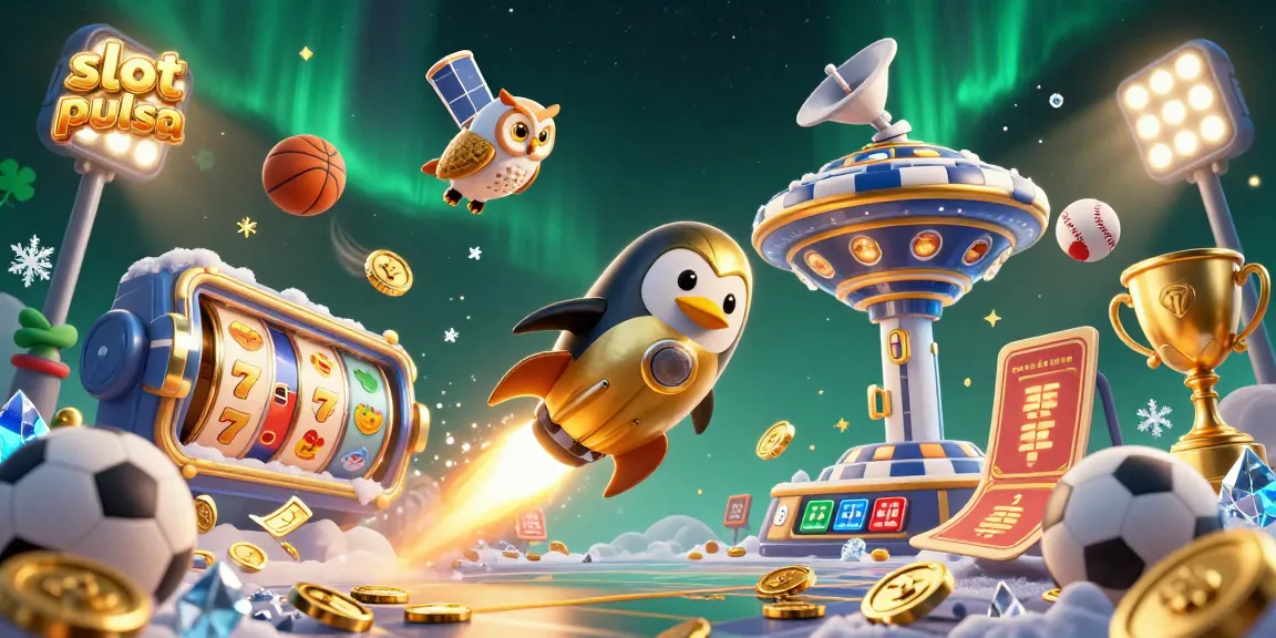 Engage in exciting slot pulsa action with a golden penguin racing to a casino, surrounded by dynamic game elements.