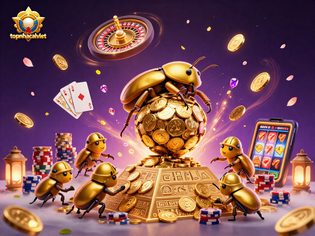 Experience gaming excitement with topnhacaiviet and cascading coins in a dynamic 3D scene.