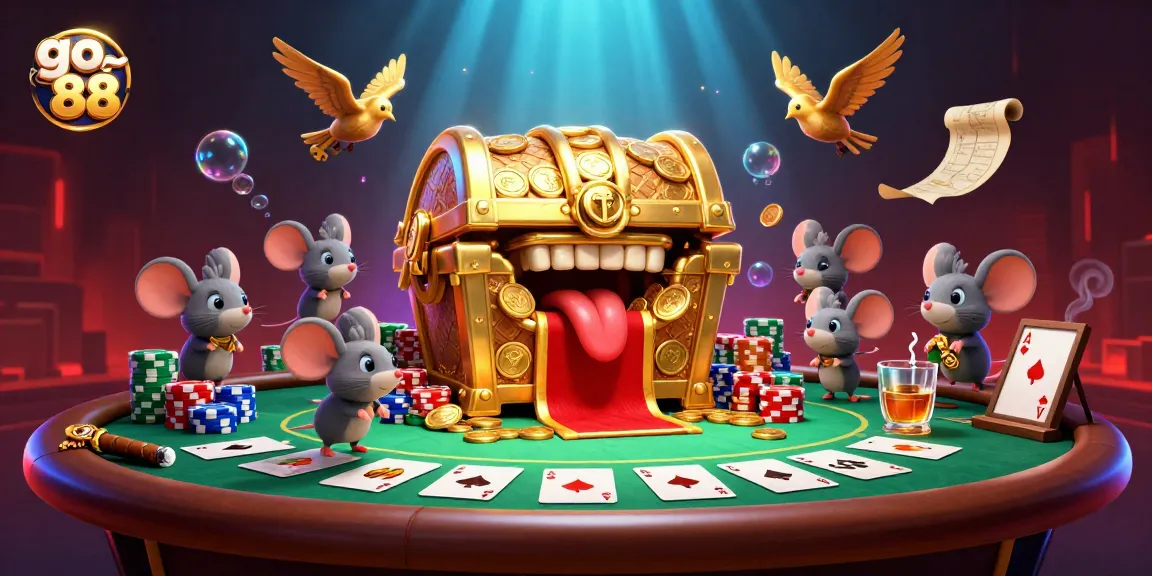Experience the thrill of go 88 with a vibrant cartoon scene featuring exciting poker action and treasure.
