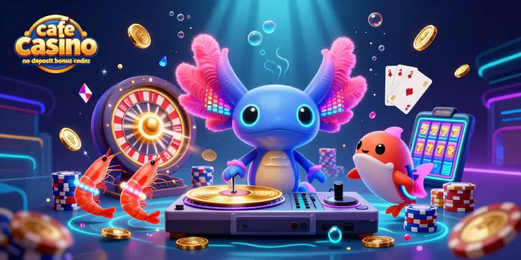 Experience cafe casino no deposit bonus codes with vibrant casino-themed 3D illustration featuring lively characters and dynamic gaming elements.