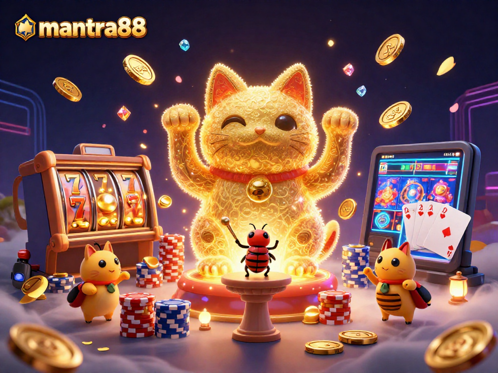 Experience mantra88's exciting slot action in a vibrant casino scene with golden fireflies and lucky symbols.