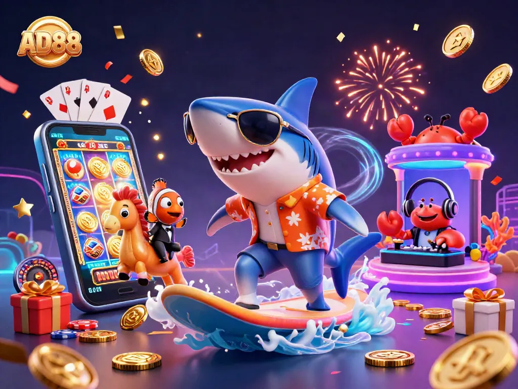 Win big with AD88 in this vibrant casino-themed illustration featuring playful sea characters.