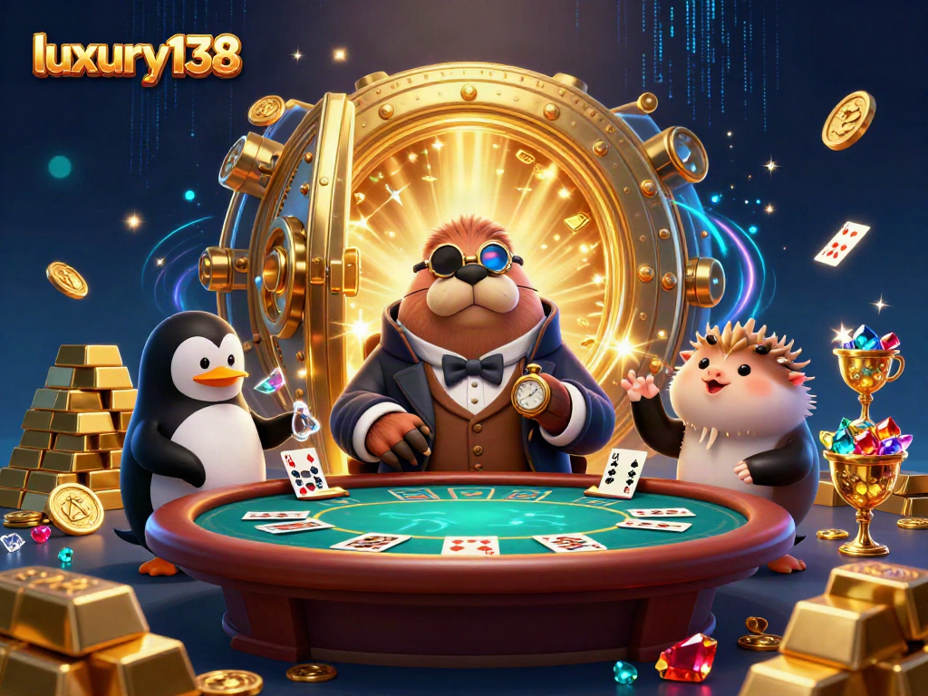 Permainan poker seru di luxury138 dengan walrus jolly dan dealer penguin.