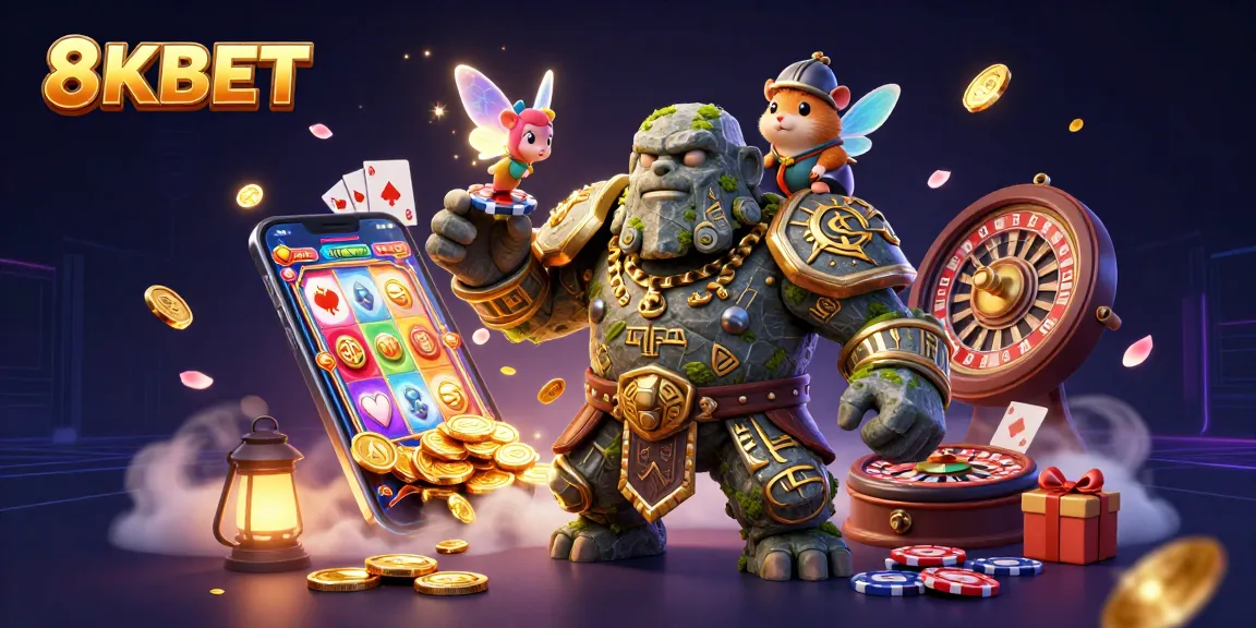 Experience 8KBET's excitement with a 3D illustration featuring magical characters and casino elements.