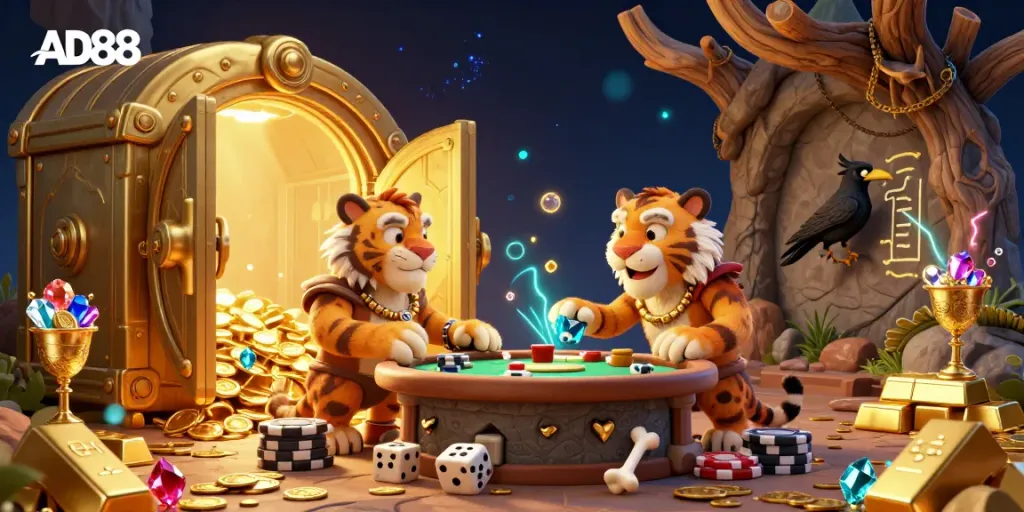 Engage in winning strategies at AD88's spectacular ancient casino with a vibrant 3D cartoon scene.