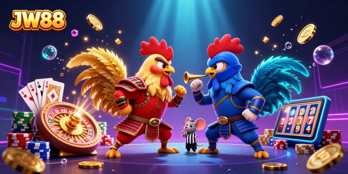 Experience exciting gameplay with JW88 through a dynamic standoff of cartoon roosters in a casino setting.
