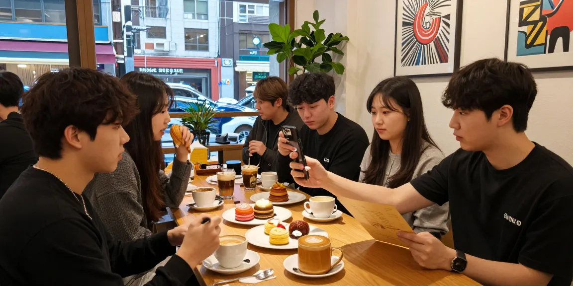 강남 세이렌 카페에서 친구들과 함께 즐기는 커피와 디저트 장면
