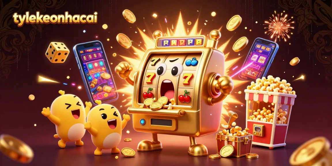 Winning coins explode from the tylekeonhacai slot machine, surrounded by vibrant casino elements.