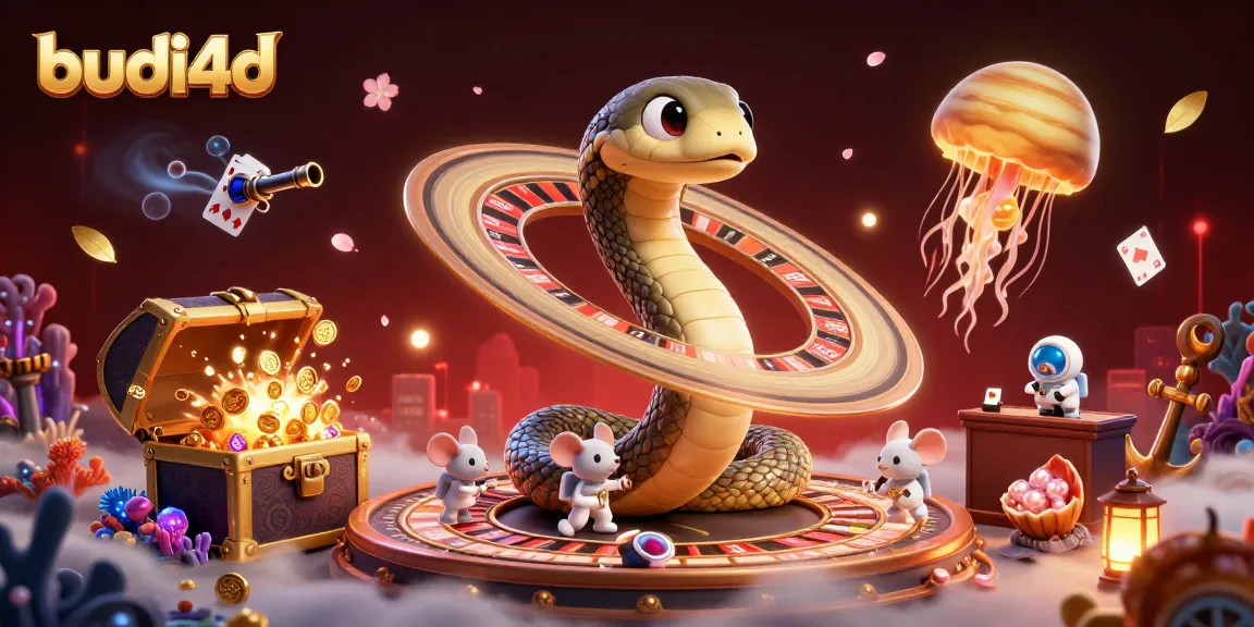 Experience thrilling bets at budi4d with cartoon Saturn snake, astronaut mice, and cosmic dealer, all in a vibrant gambling galaxy.