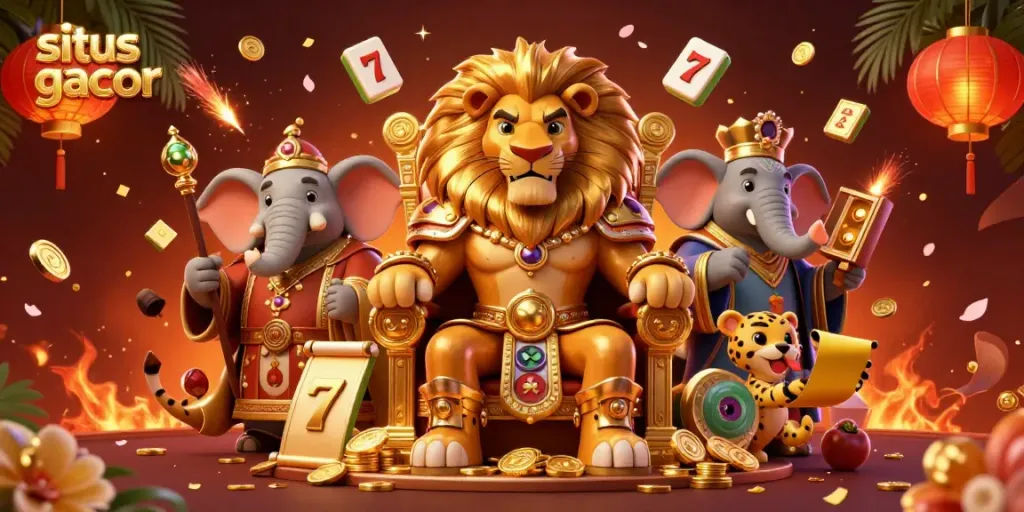 Experience the excitement of situs gacor with a vibrant 3D illustration showcasing a fierce lion king, a wise elephant, and a quick cheetah amidst thrilling slot game elements.