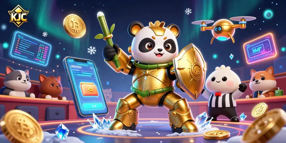 KJC showcases an exhilarating online casino scene featuring a golden panda in a mech-suit, surrounded by vibrant crypto elements.