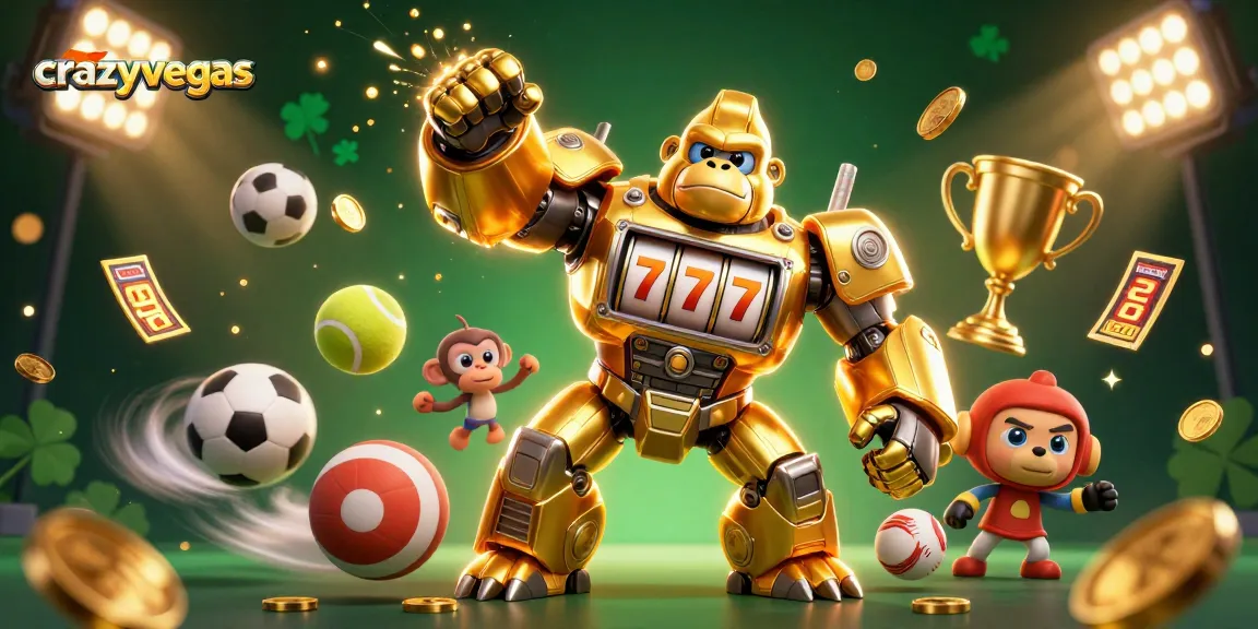 CrazyVegas showcases dynamic 3D golden gorilla mech surrounded by flying sports elements and vibrant casino symbols.