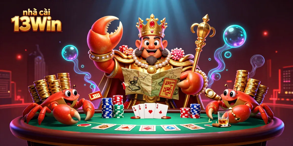 Join the excitement at nhà cái 13Win with a golden crab emperor leading a thrilling poker scene.