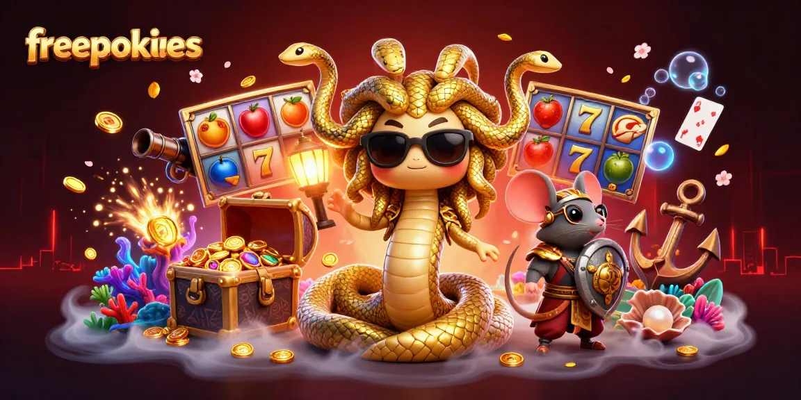 Experience freepokies excitement with cute Medusa and a warrior mouse amidst vibrant slot reels and gold.