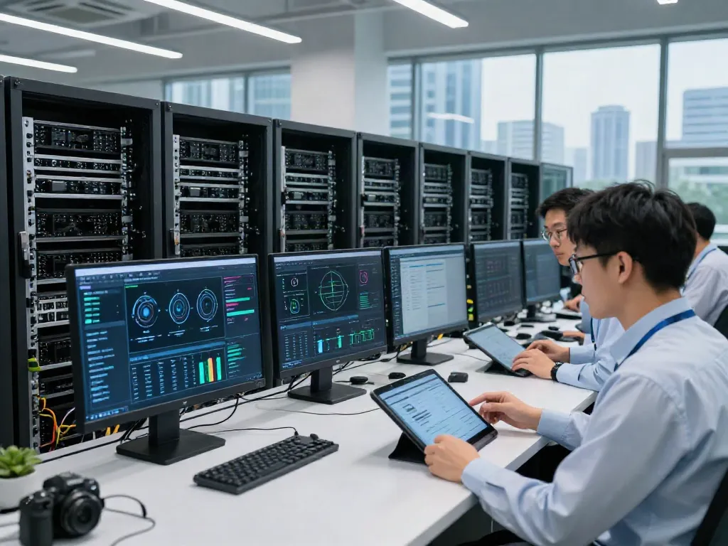 Engineers collaborating in a high-tech AI factory showcasing operations supporting the AI Token Economy.