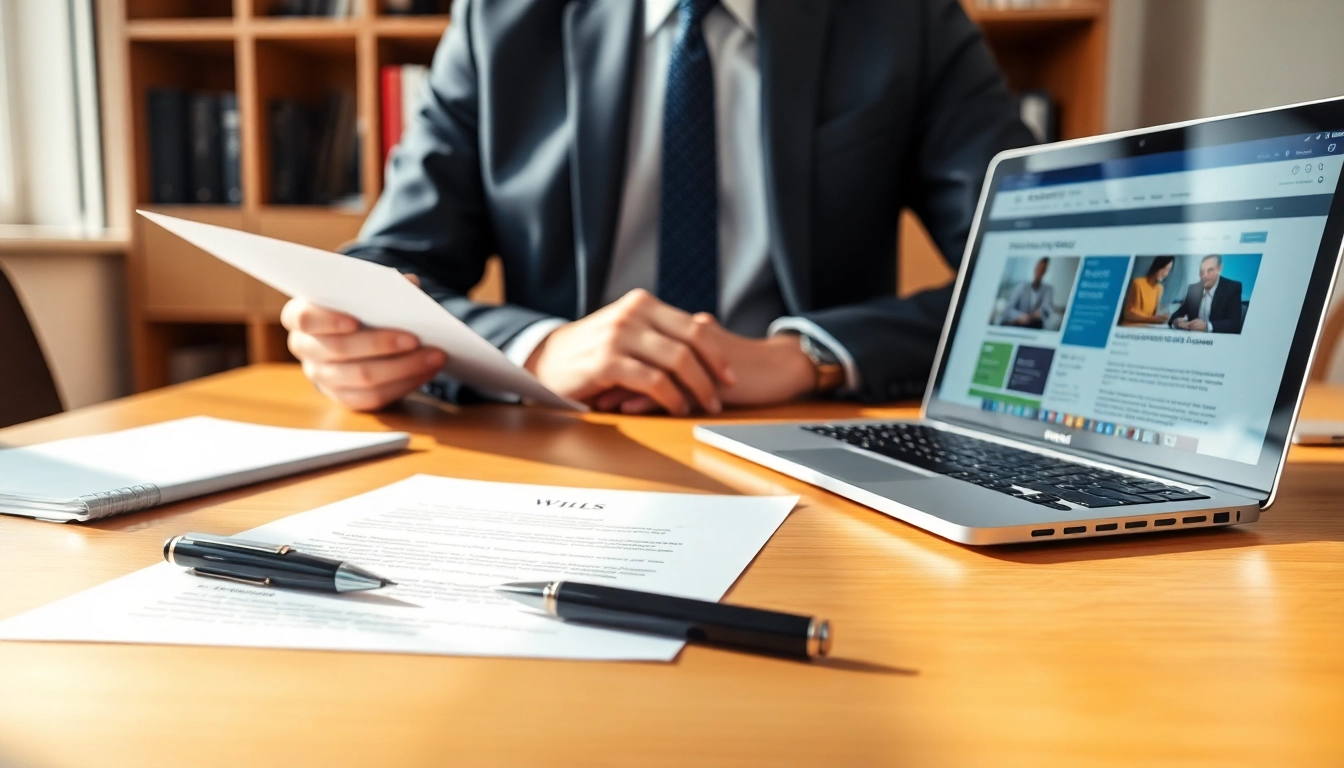 Lawyer consulting documents on wills, emphasizing legal expertise and professionalism.