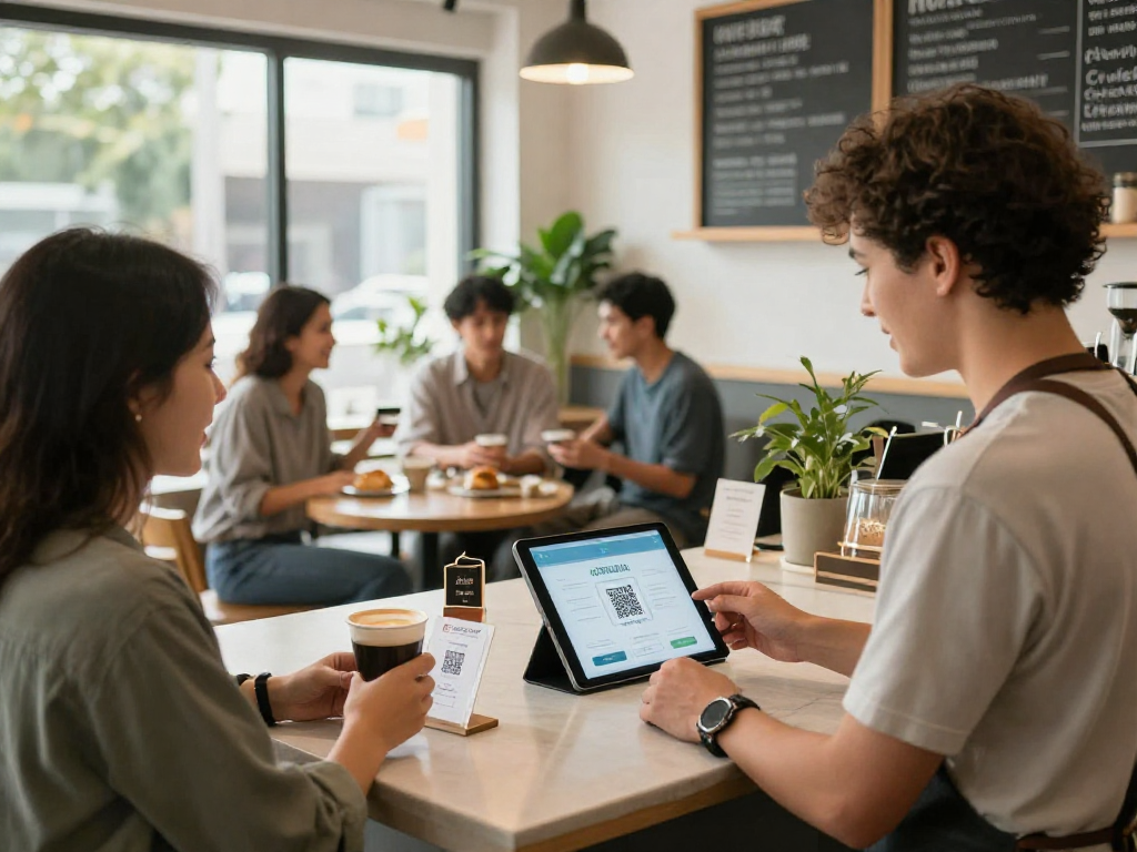 Small business owner using loyalty software to reward customers in a cozy café setting.
