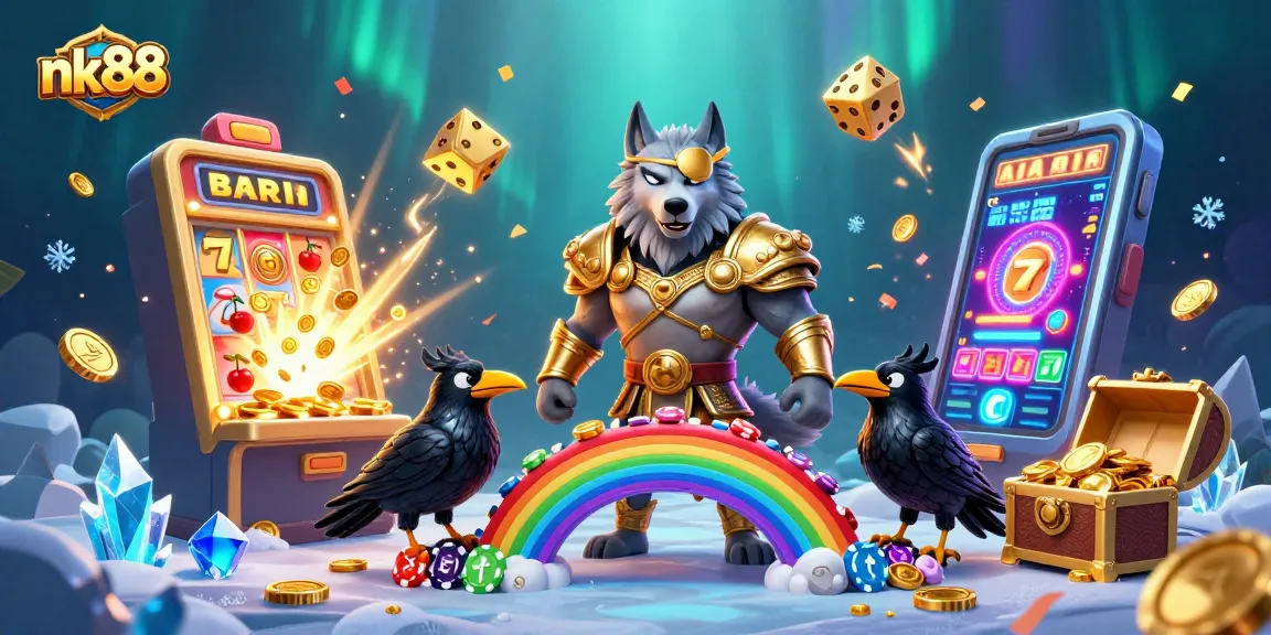 Experience thrilling gameplay with nk88, featuring Norse-inspired characters and casino elements in an exciting illustration.