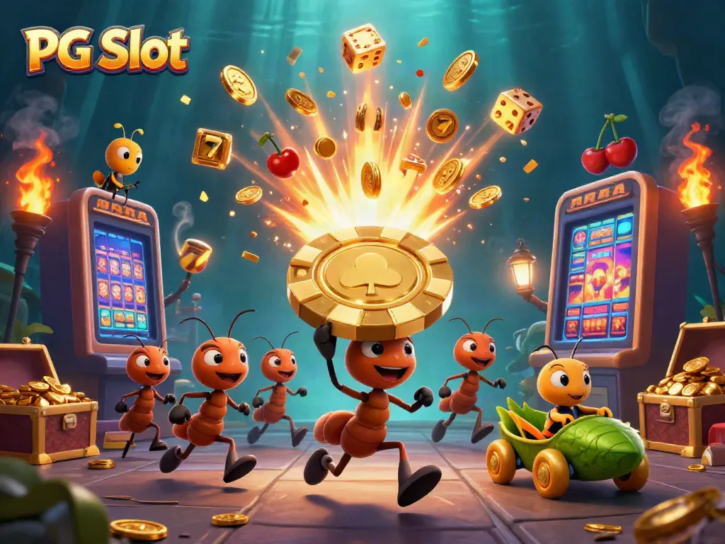 Engage in thrilling PG Slot adventures with cartoon ants heisting a giant poker chip amidst vibrant casino elements.