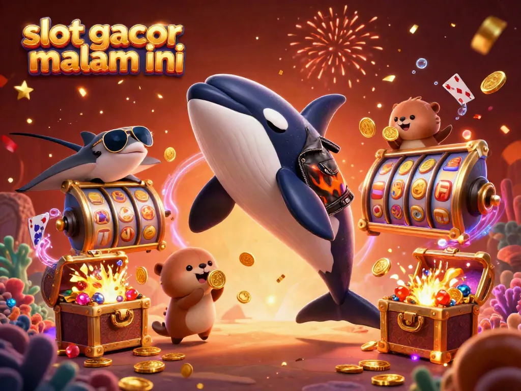Permainan slot gacor malam ini dengan karakter hewan laut yang ceria dan banyak koin emas mengapung.