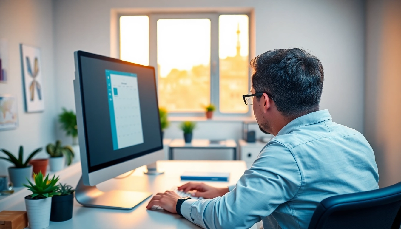 Person fixing calendar conflicts automatically on a computer screen in a professional office setting.
