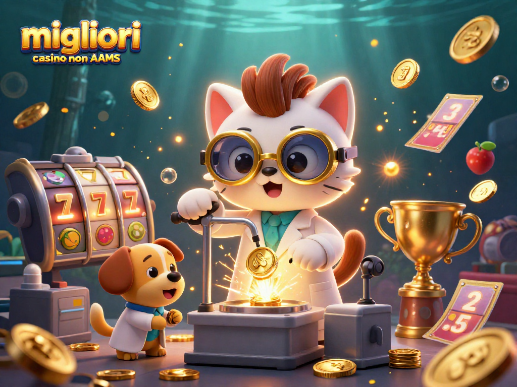 Interazione nei migliori casino non AAMS con slot, personaggi animati e atmosfere dorate.