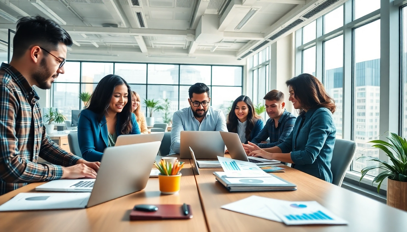 Showcasing digital marketing agency services with a diverse team collaborating on strategies in a bright office.