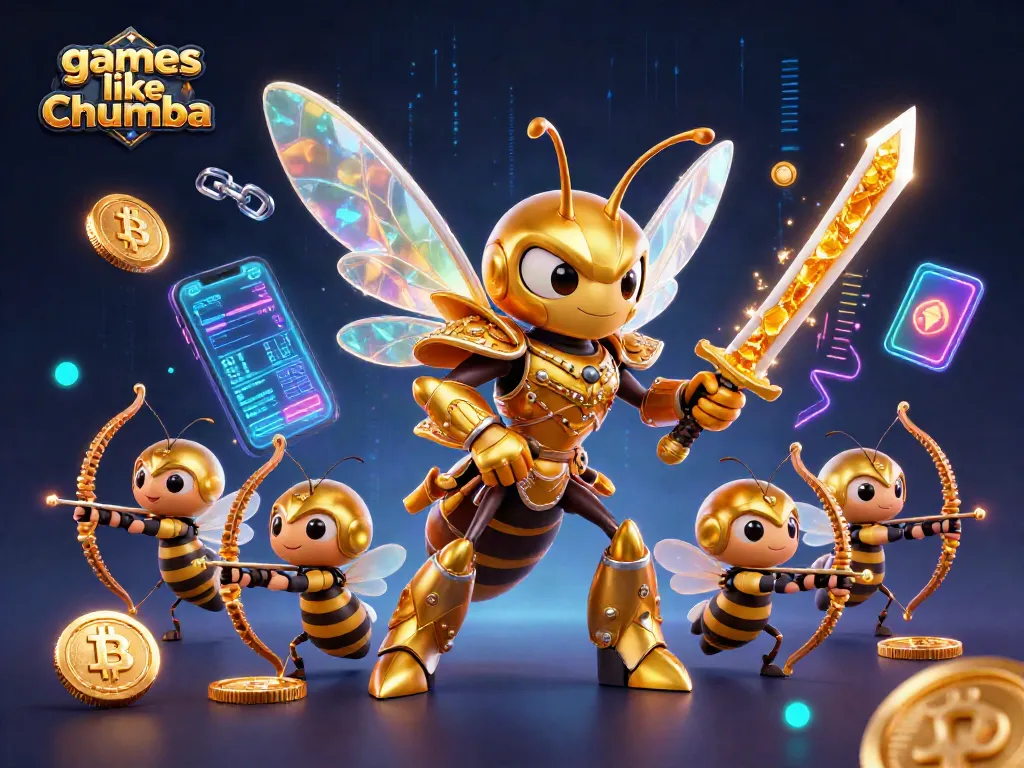 Engage with games like Chumba at this vibrant 3D casino illustration featuring unique characters and glowing crypto elements.