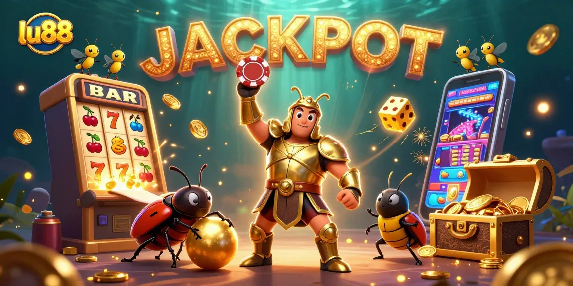 Experience the excitement of lu88 with a victorious gladiator beetle amidst a jackpot explosion of coins.