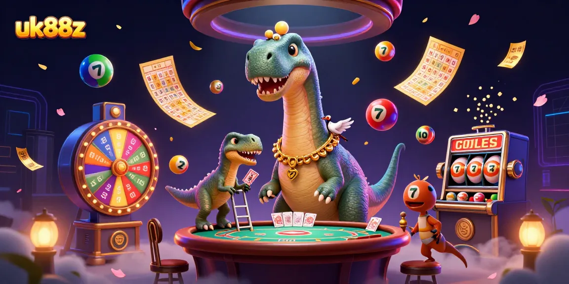 Engage with uk88z by witnessing a vibrant 3D casino scene full of card playing dinosaurs.