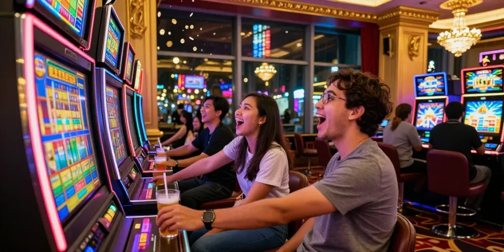 Two friends enjoying a thrilling slot gacor experience at a vibrant casino.