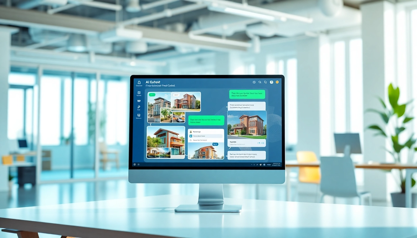 Engaging AI chatbot for real estate lead capture assisting clients in a bright office environment.