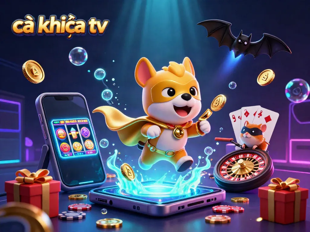 Cà khịa tv captures a heroic scene with a cartoon dog and hamster in a vibrant casino-themed environment.