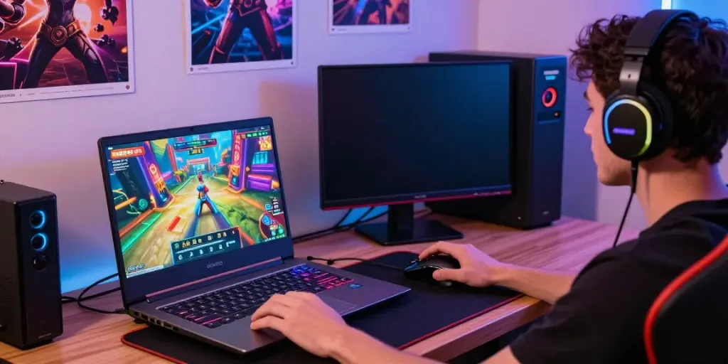 Excited gamer immersed in PG SLOT gameplay in a vibrant gaming setup.