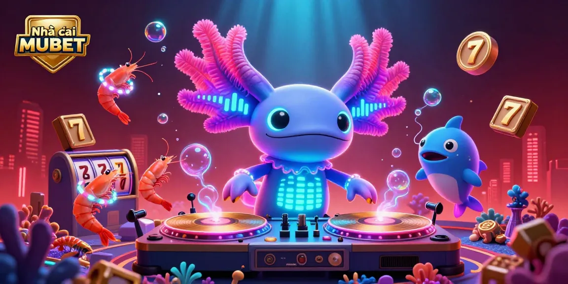 Engage with Nhà cái MUBET's vibrant underwater casino scene featuring a lively axolotl DJ and sparkling slots.