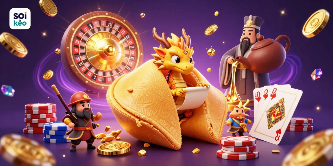 Soi kèo action-packed illustration showing a wise dragon among casino treasures and festive elements.