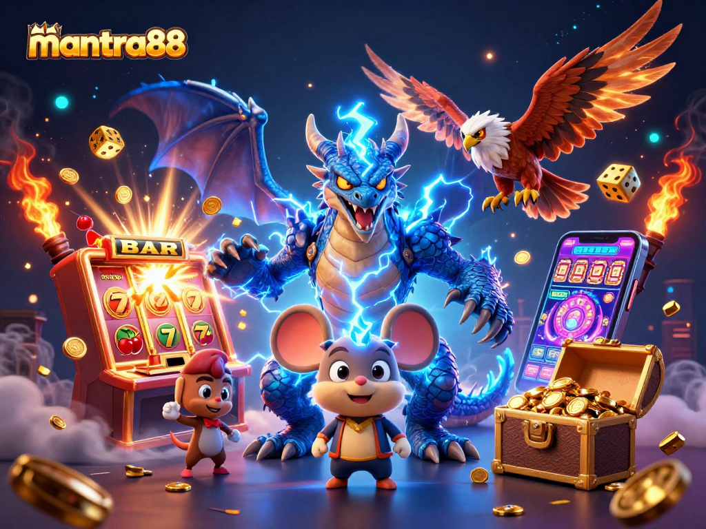 Engage in the thrilling excitement of mantra88, where a thunder dragon and mystical creatures celebrate a jackpot explosion in casino enjoyment.