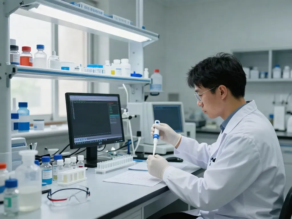 Researcher analyzing wholesale peptides in a modern laboratory, emphasizing quality and precision.