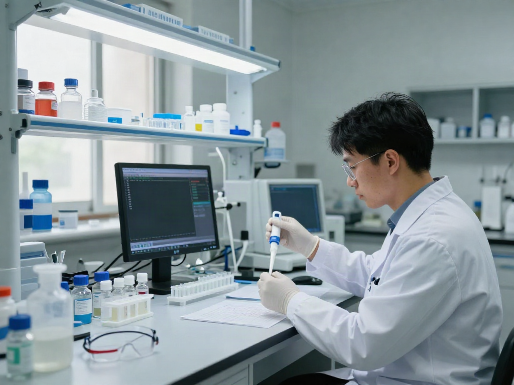 Researcher analyzing wholesale peptides in a modern laboratory, emphasizing quality and precision.