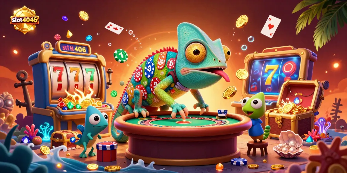 Engage with slot4046's vibrant casino experience featuring a chameleon owner amidst spinning slot reels.