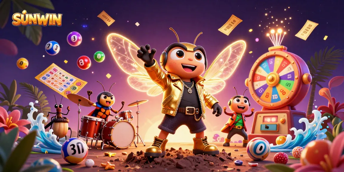 SUNWIN features a vibrant, energetic casino scene with a cicada rock star, buzzing wings, and lottery elements.
