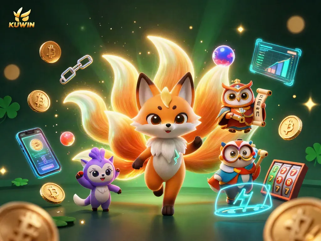 Engage in thrilling KUWIN casino gameplay with a mystical nine-tailed fox and wise owl in an illustrated 3D scene.