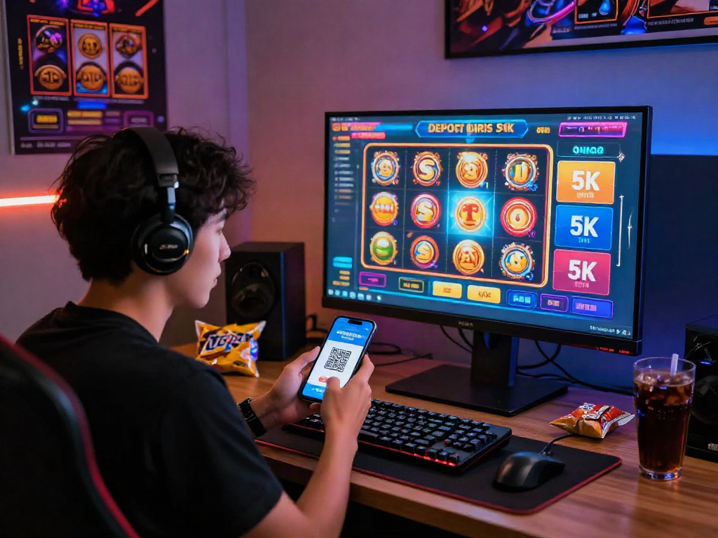 Experience slot deposit qris 5k with a player immersed in vibrant online gaming.