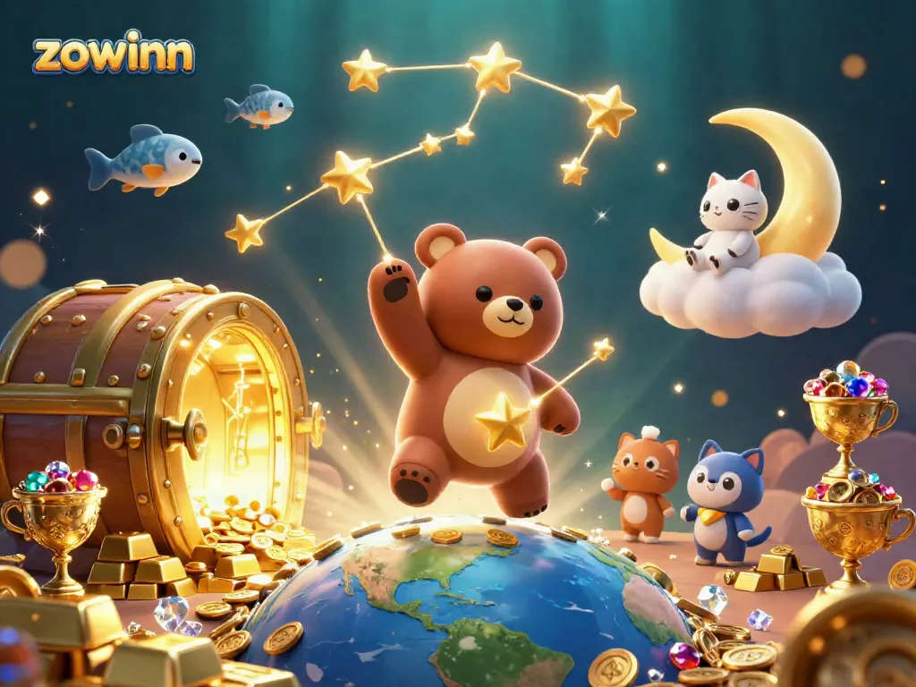 Engage in thrilling gameplay at zowinn with this vibrant 3D illustration of gaming elements and golden treasures