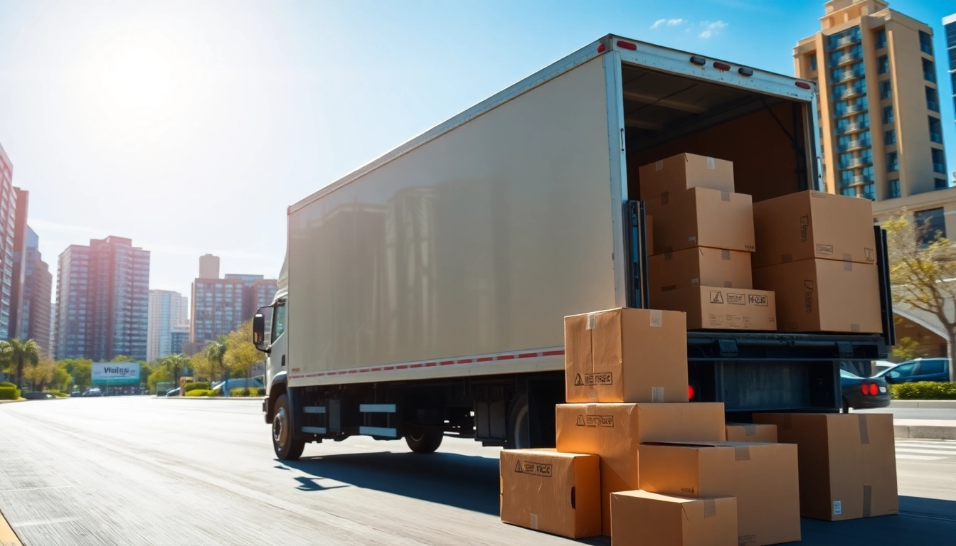 Efficient wellen moving services transporting boxes in a bustling city environment.