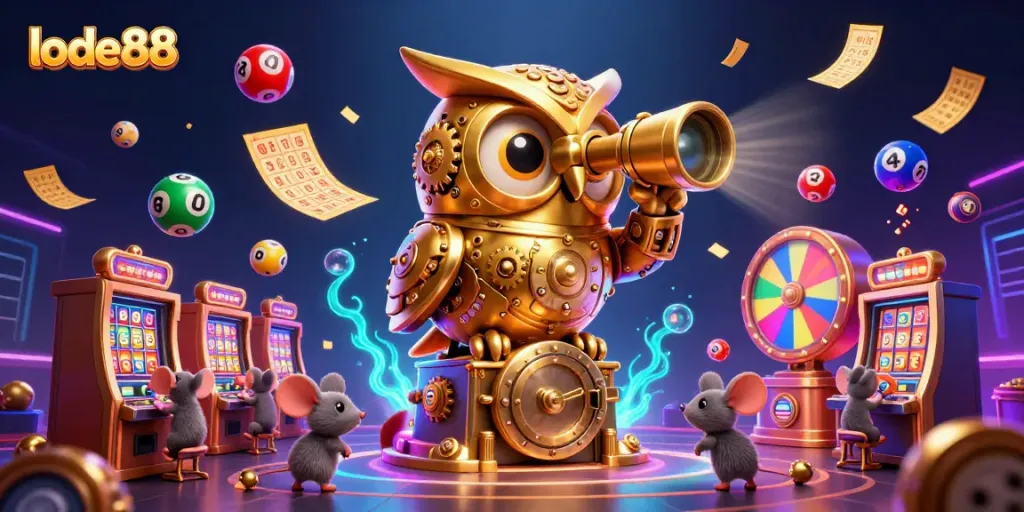Experience exciting gameplay at lode88 with a vibrant casino scene including lottery elements and a charming owl.