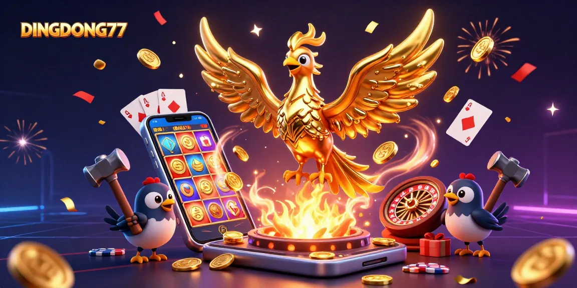 DINGDONG77 captivates with a lively casino scene featuring a golden phoenix and dynamic slot elements.