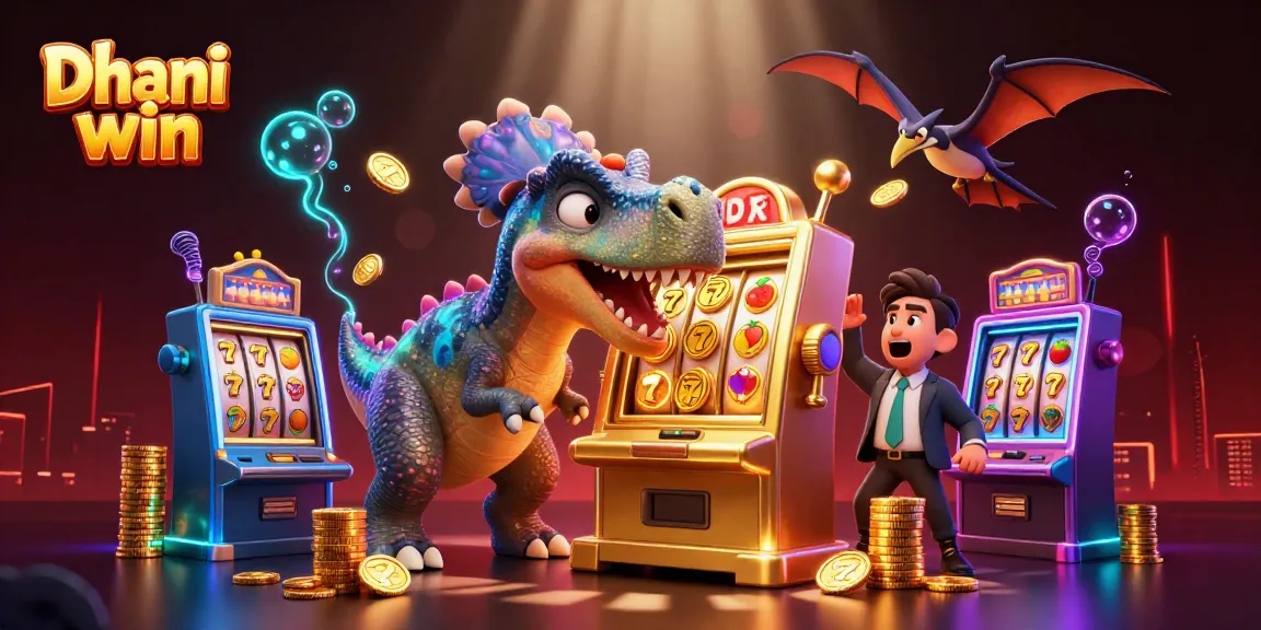 Dhani win features a pachycephalosaurus celebrating jackpot wins at a vibrant casino scene.