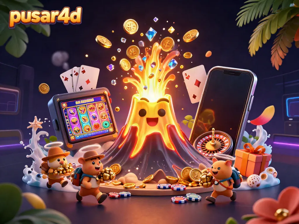 Experience the excitement of pusar4d slots with a dynamic erupting volcano, coins, and treasure.